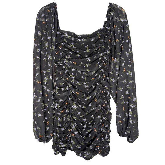 Ruched Sheer Black Floral Milkmaid Whimsigoth Dark Fairy Coquette Mini Dress M - Picture 4 of 10